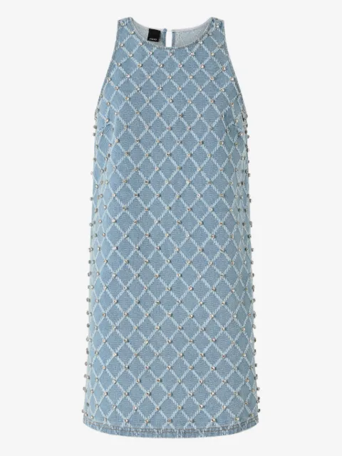 PINKO denim mini dress with diamond and rhinestone motif