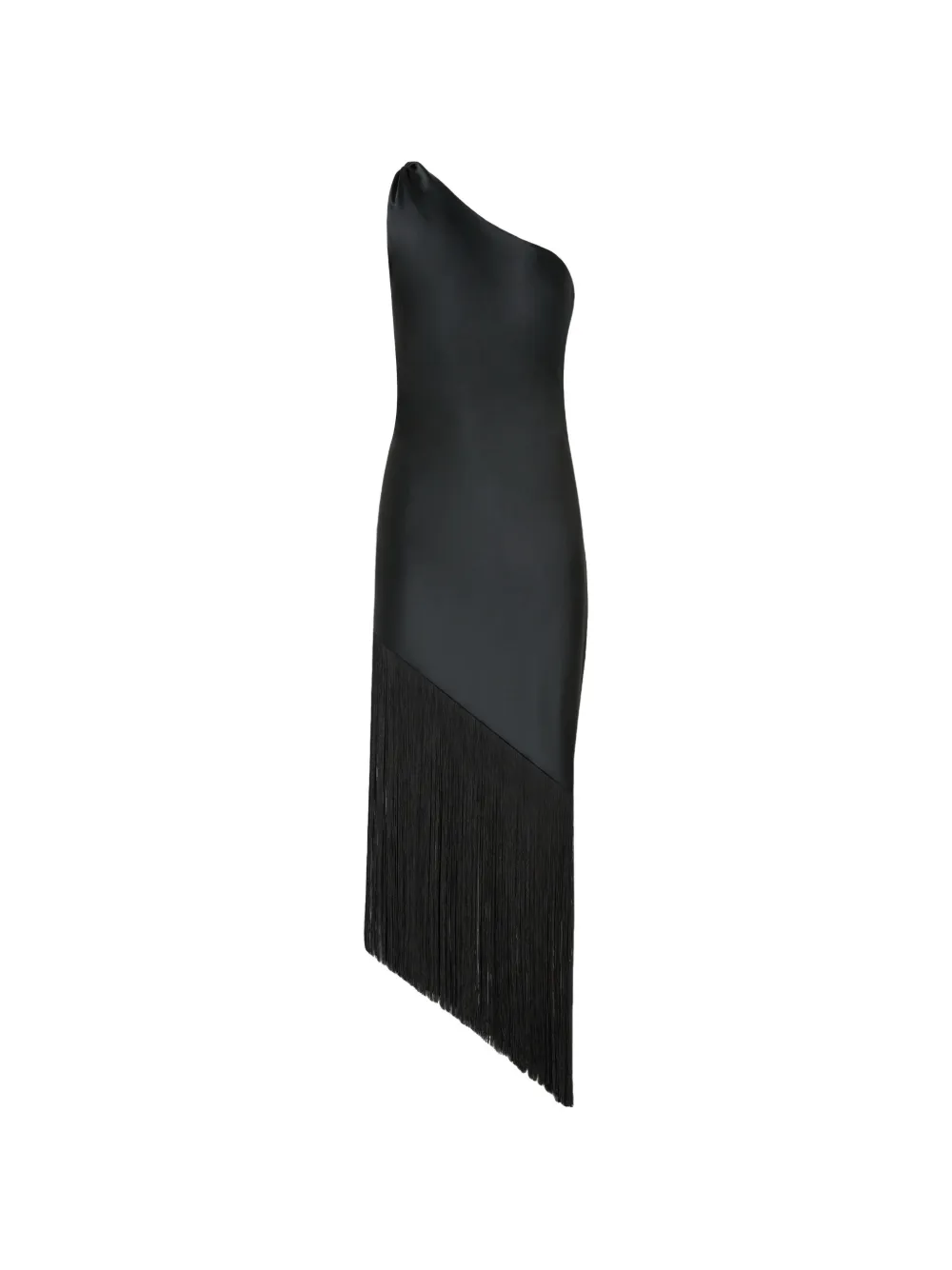 Fringed One-Shoulder Midi Dress
