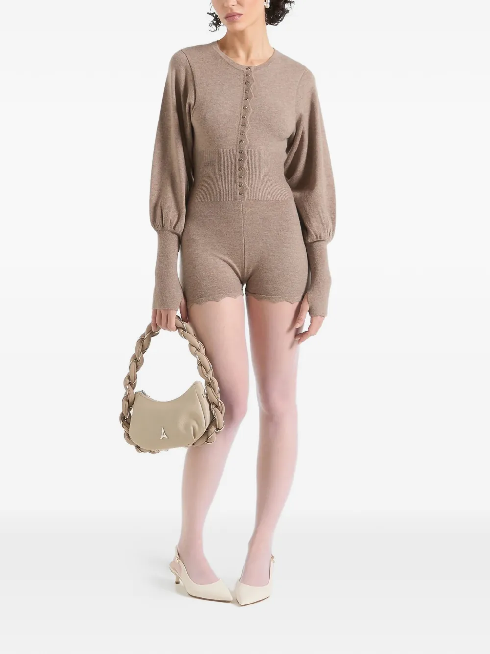 Manière De Voir Michele Ribbed Scalloped Playsuit In Neutral