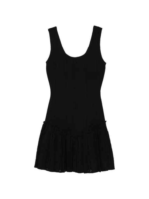 black sandro dress Long knitted midi while the skirt flares elegantly and is adorned with delicate ruffled trims Lace pleated midi dress