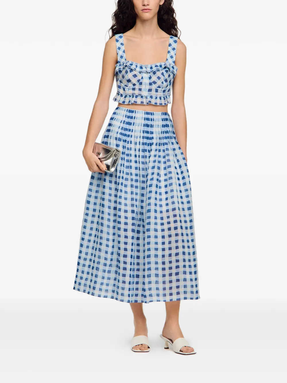  Sandro Falda Larga A Cuadros Gingham - Blanco 