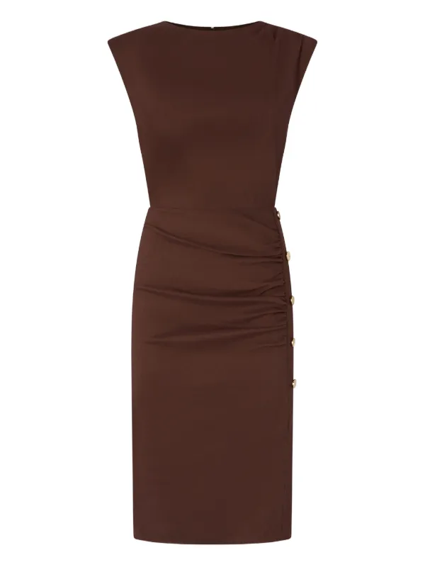 button ruched dress Tiered Ruched Button Up Midi Dress Black / L