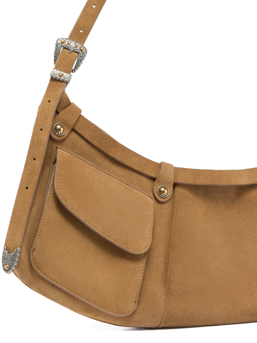 PINKO Pocket Body Bag grote suède schoudertas met zakken Bruin