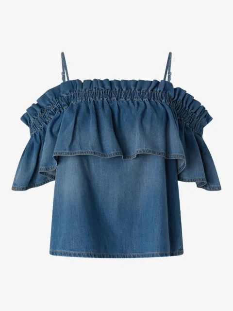 PINKO top de mezclilla con volantes y hombros descubiertos