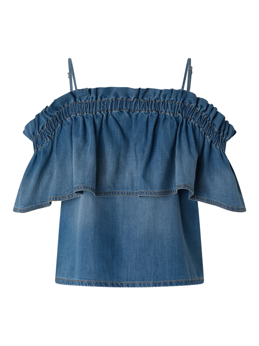 PINKO Denim top met ruches en open schouders Blauw