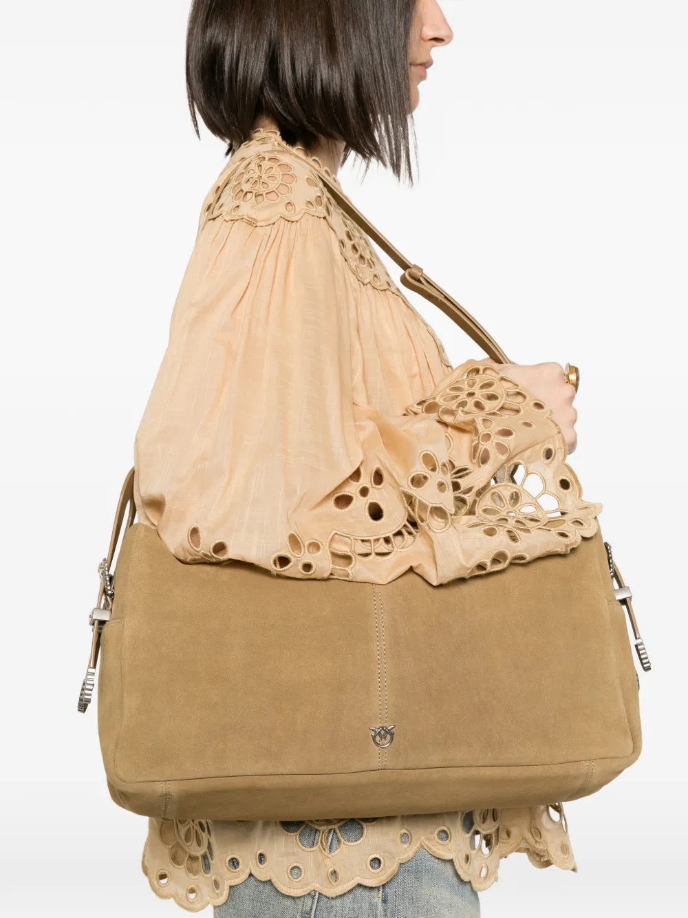 PINKO Keeper grote suède schoudertas Beige