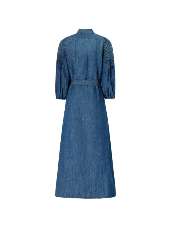 denim shirred dress Blue V Neck Shirred Waist Metal Zipper Denim Midi Dress