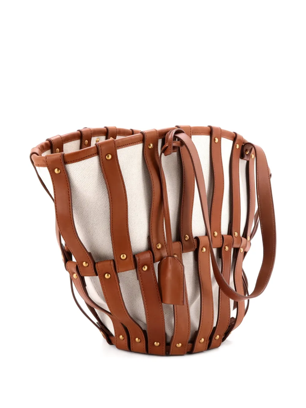 Pre-owned Saint Laurent Beatrix Panier Cut Out Canvas With Leather Tote Bag In Brown