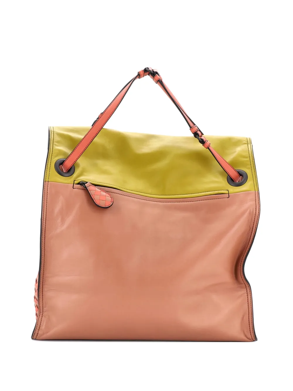 Pre-owned Bottega Veneta Palio Fold Over Tote Colorblock Nappa Leather With Intrecciato Detail Satchel In Neutral