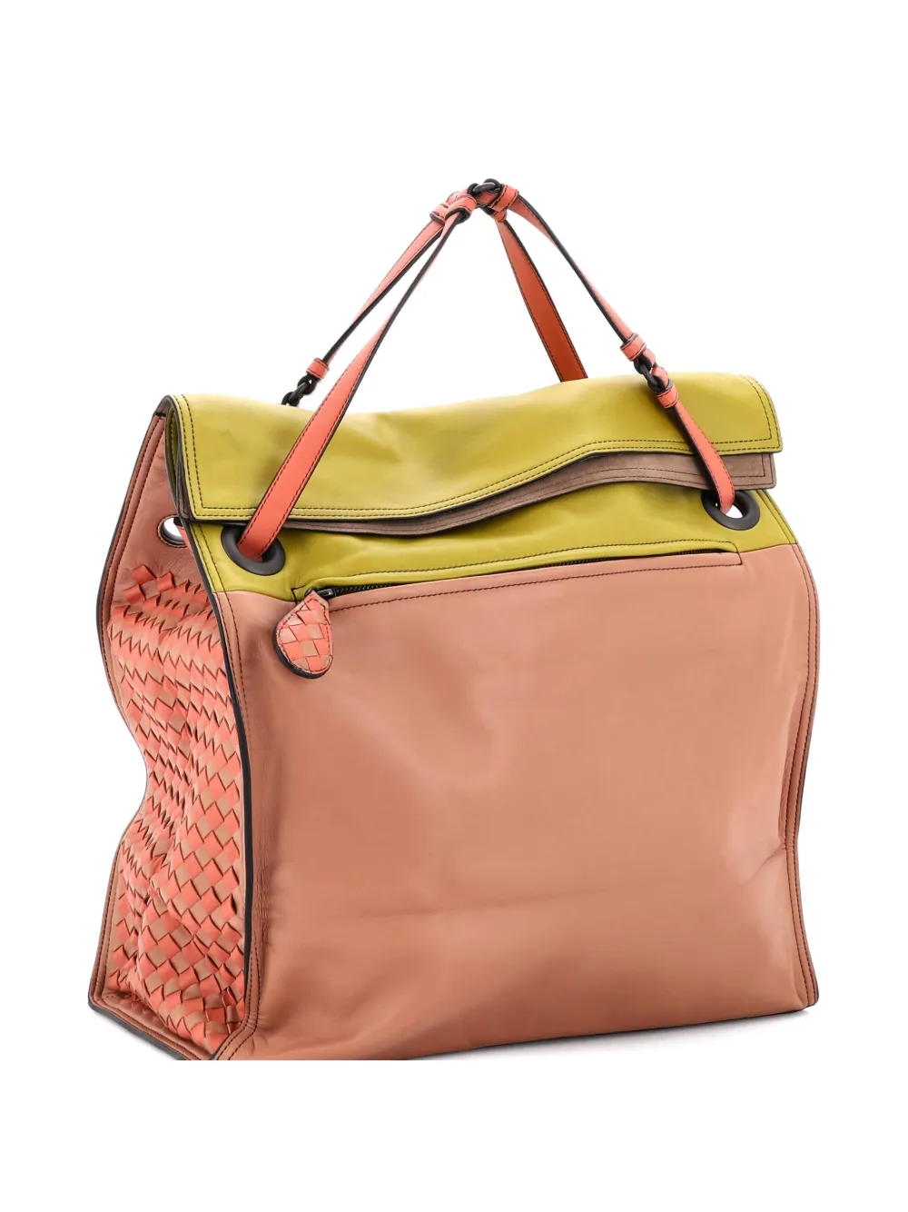 Pre-owned Bottega Veneta Palio Fold Over Tote Colorblock Nappa Leather With Intrecciato Detail Satchel In Neutral
