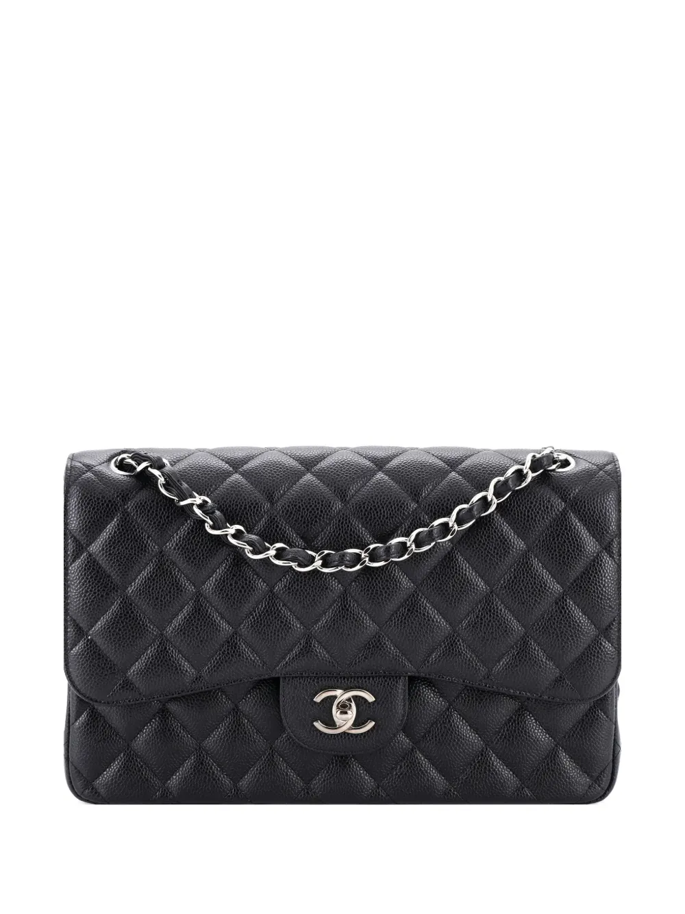 Pre-owned Chanel Classic Double Flap Bag Quilted Caviar Jumbo Shoulder Bag In Black
