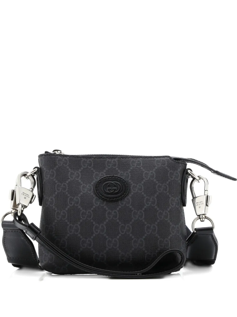 Pre-owned Gucci Interlocking G Patch Wristlet Messenger Bag Gg Coated Canvas Mini Crossbody Bag In Black