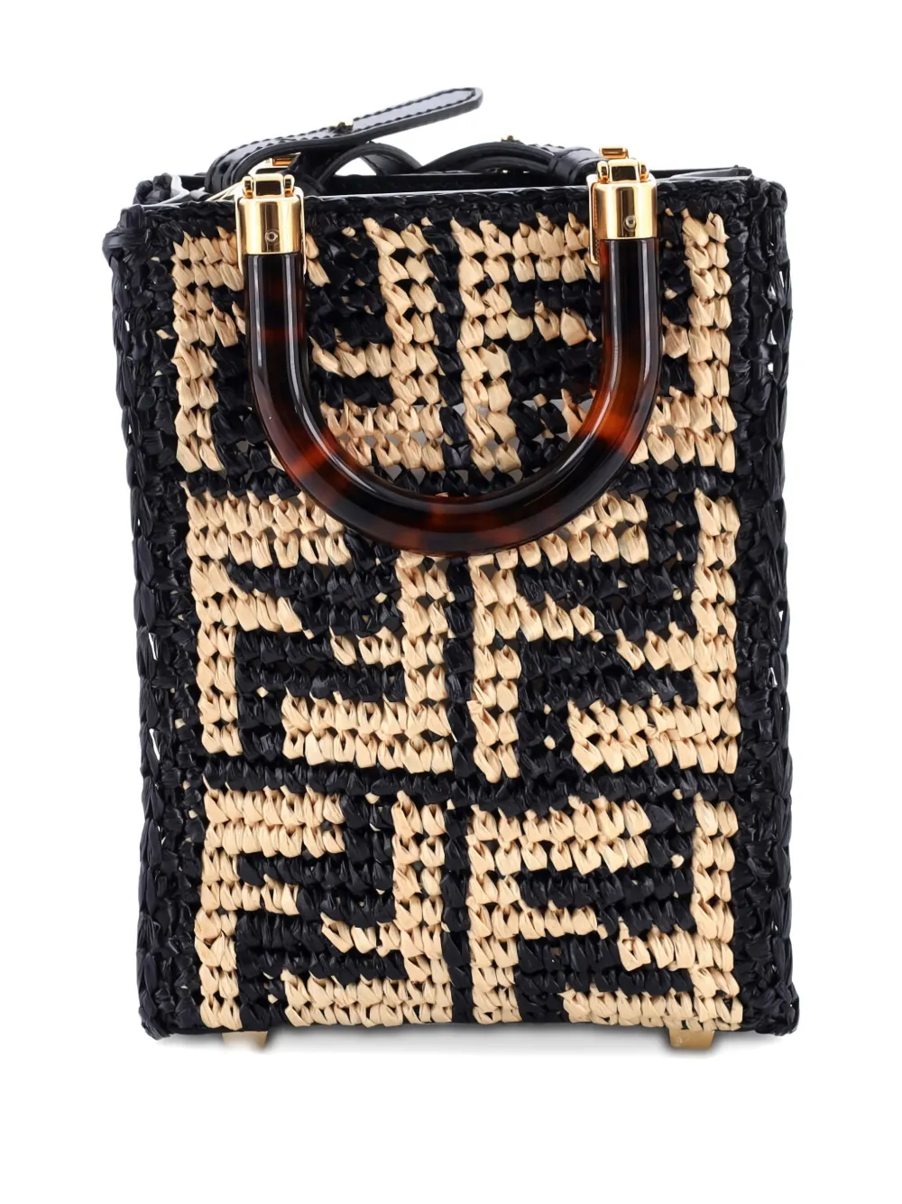 Click to view more detailed imagery on our partner's website Pre-owned Fendi Sunshine Shopper Tote Zucca Raffia Mini Satchel In Black