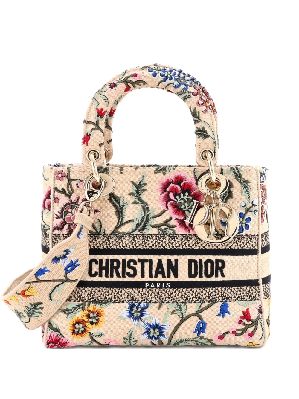 Pre-owned Dior Lady D-lite Bag Embroidered Raffia Medium Satchel In Neutral