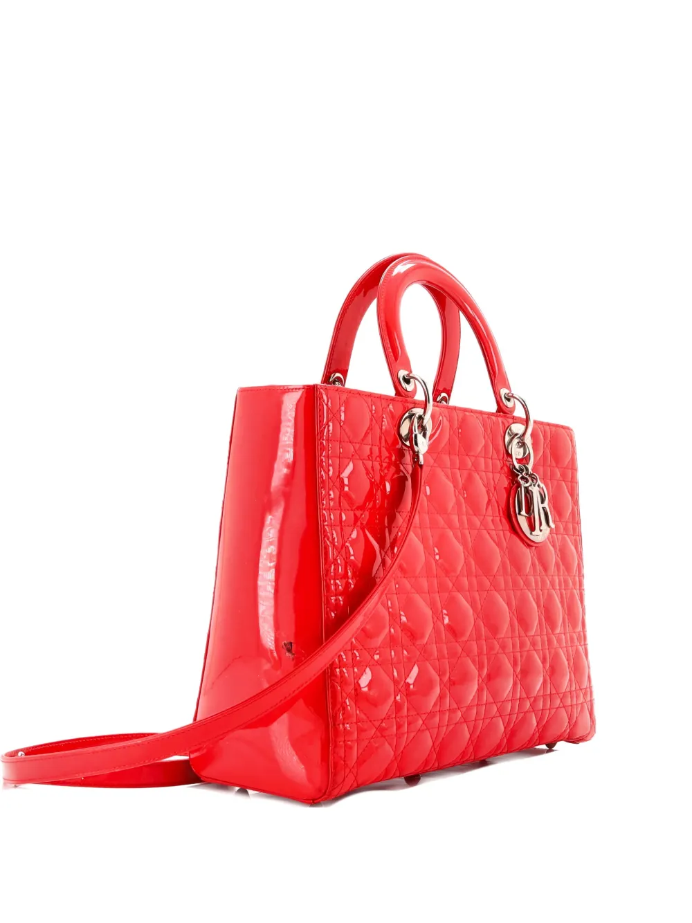 Click to view more detailed imagery on our partner's website Pre-owned Dior Lady Bag Cannage Quilt Patent Large Satchel In Red