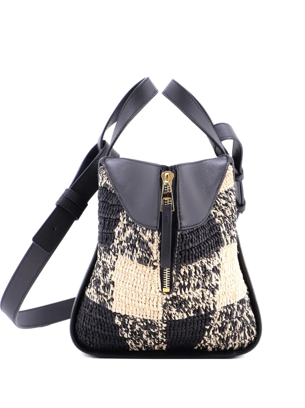 Pre-owned Loewe Paula's Ibiza Hammock Bag Raffia And Leather Compact Satchel In Black