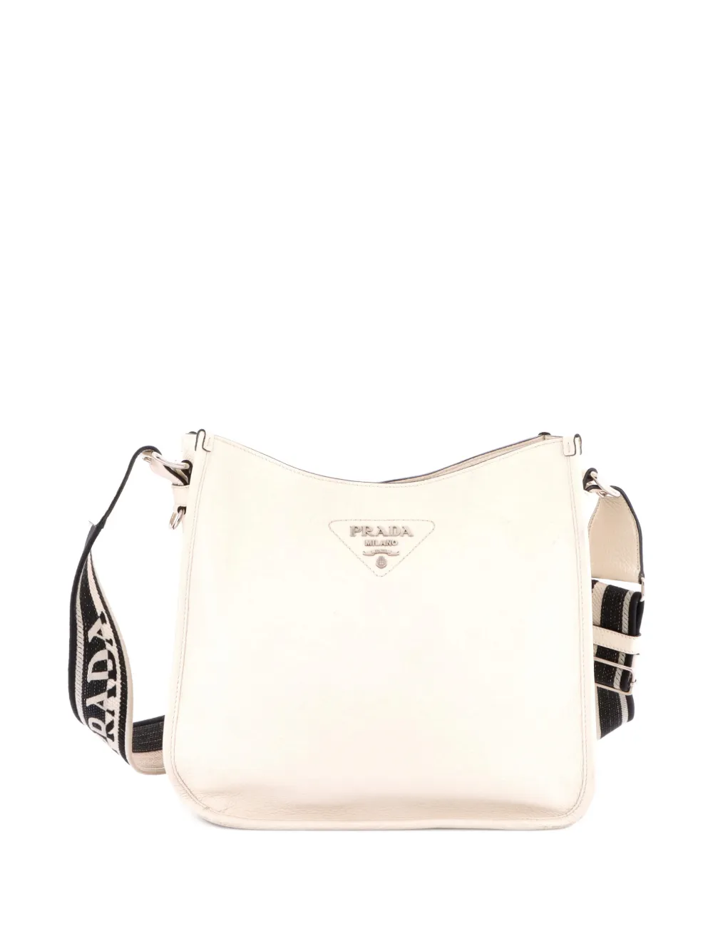 PRADA Pre-owned Logo Strap Leather Medium Hobo Bag In White