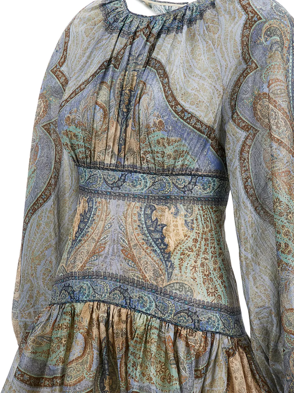 Zimmermann Wanderlust Multicolor Crewneck Mini Dress With Puffed Long Sleeves And All-over Print In Cotton And  In Gray