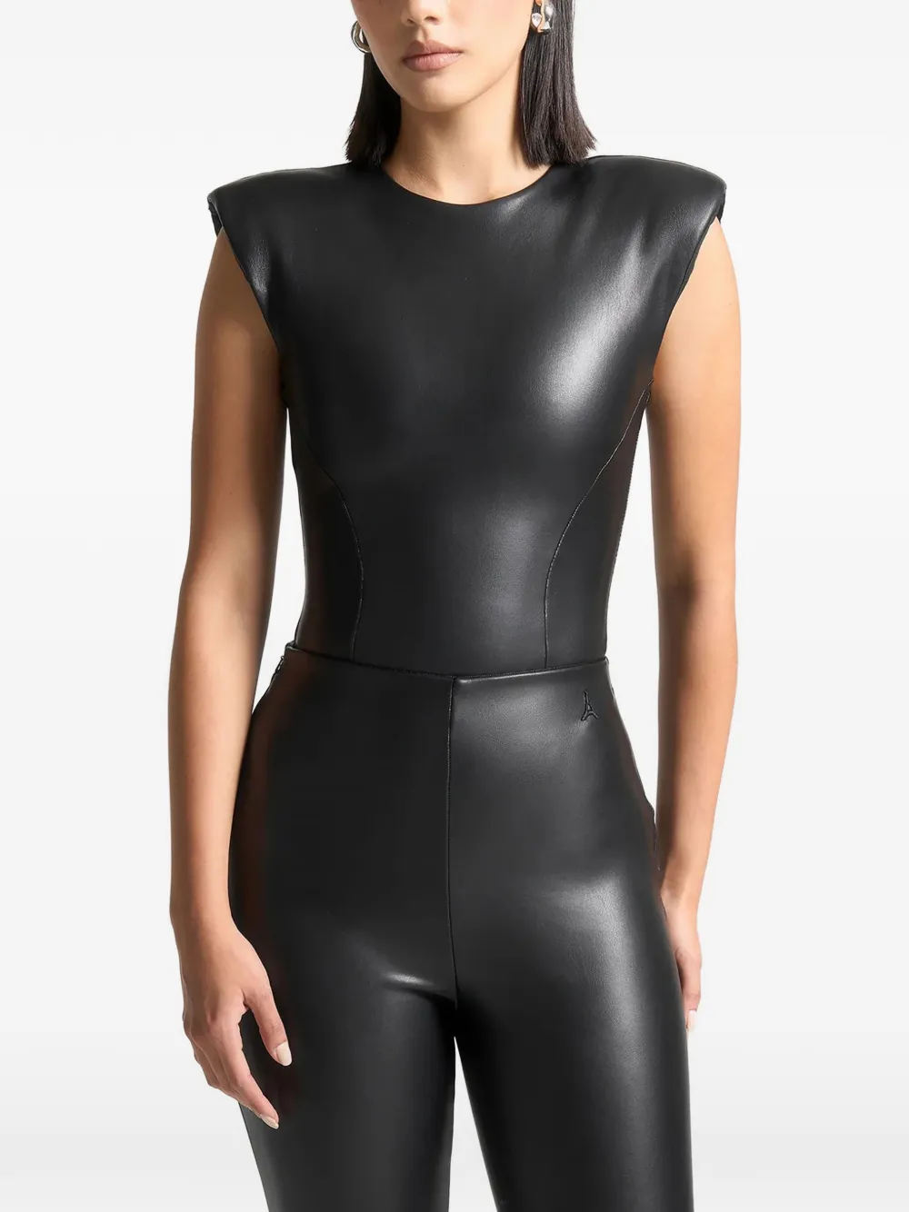 Manière De Voir Wide-shoulder Leather Bodysuit In Black