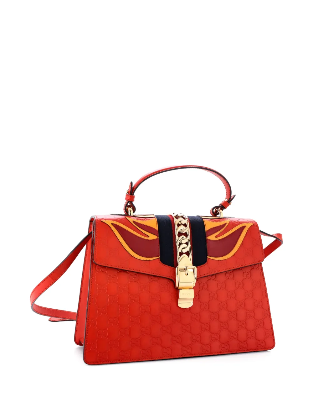 GUCCI Pre-owned Sylvie Top Handle Bag Ssima Leather With Applique Medium Satchel In Red