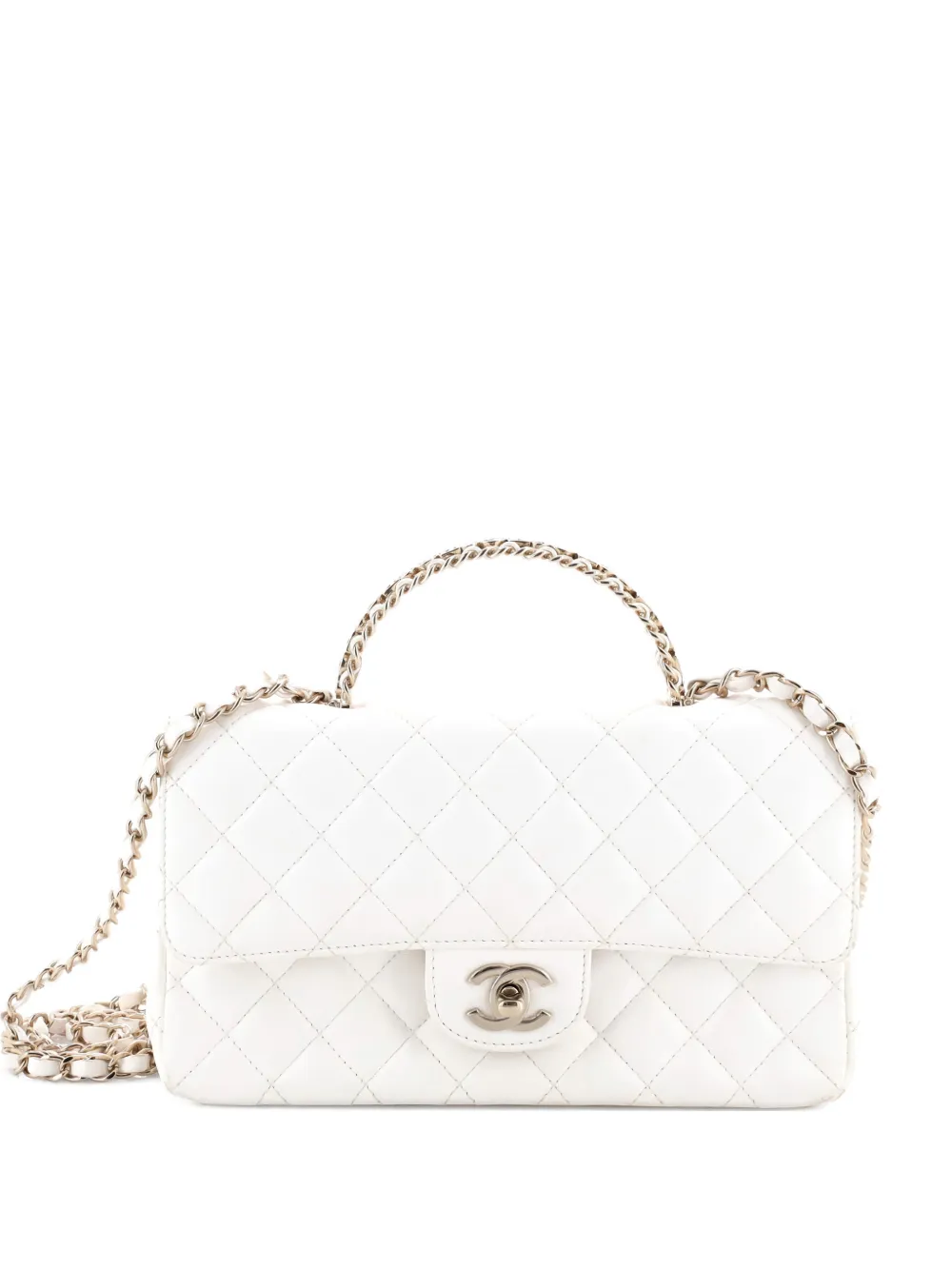 Pre-owned Chanel Crystal Chain Flap Top Handle Bag Quilted Lambskin Medium Satchel In White