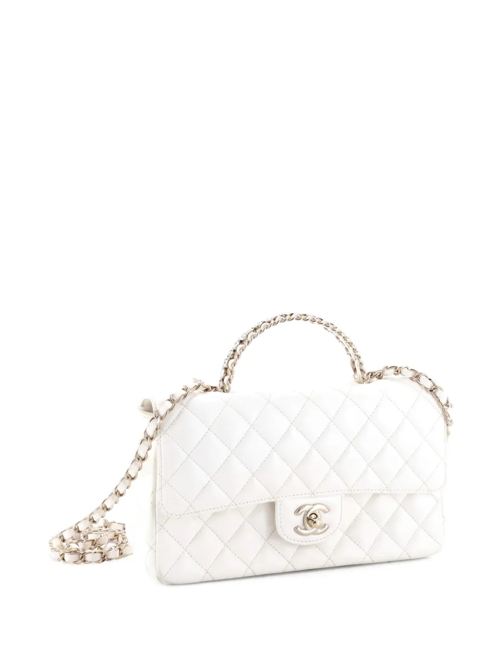 CHANEL Pre-owned Crystal Chain Flap Top Handle Bag Quilted Lambskin Medium Satchel In White