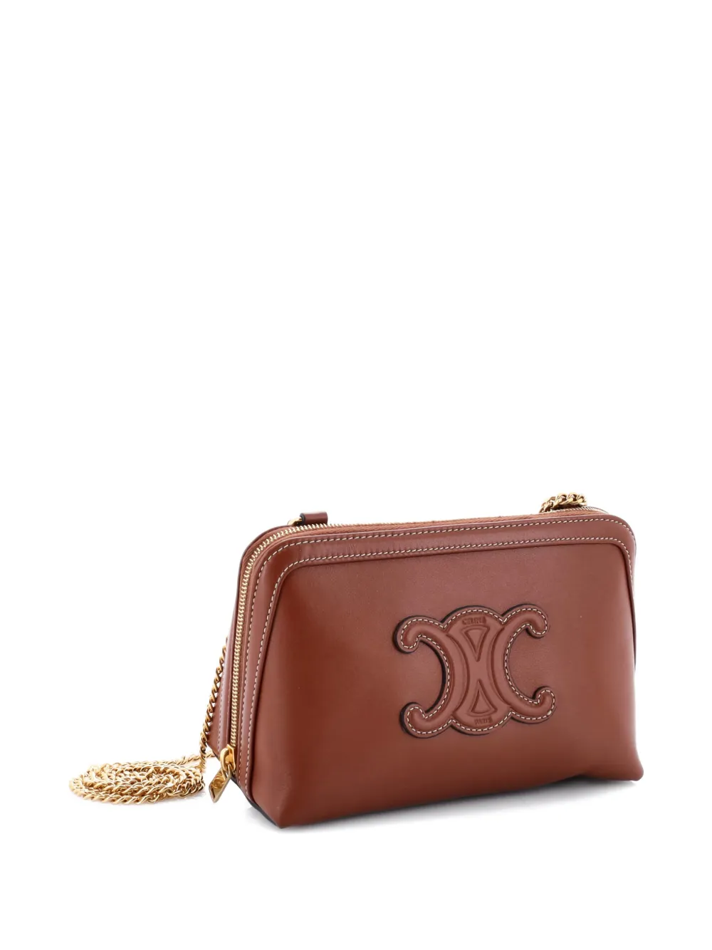 Pre-owned Celine Cuir Triomphe Zip Around Chain Clutch Leather Crossbody Bag In Brown