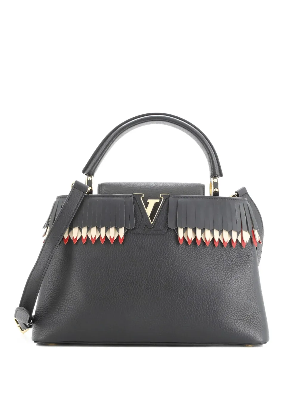Click to view more detailed imagery on our partner's website Pre-owned Louis Vuitton Capucines Bag Leather With Fringe Detail Pm Satchel In Black