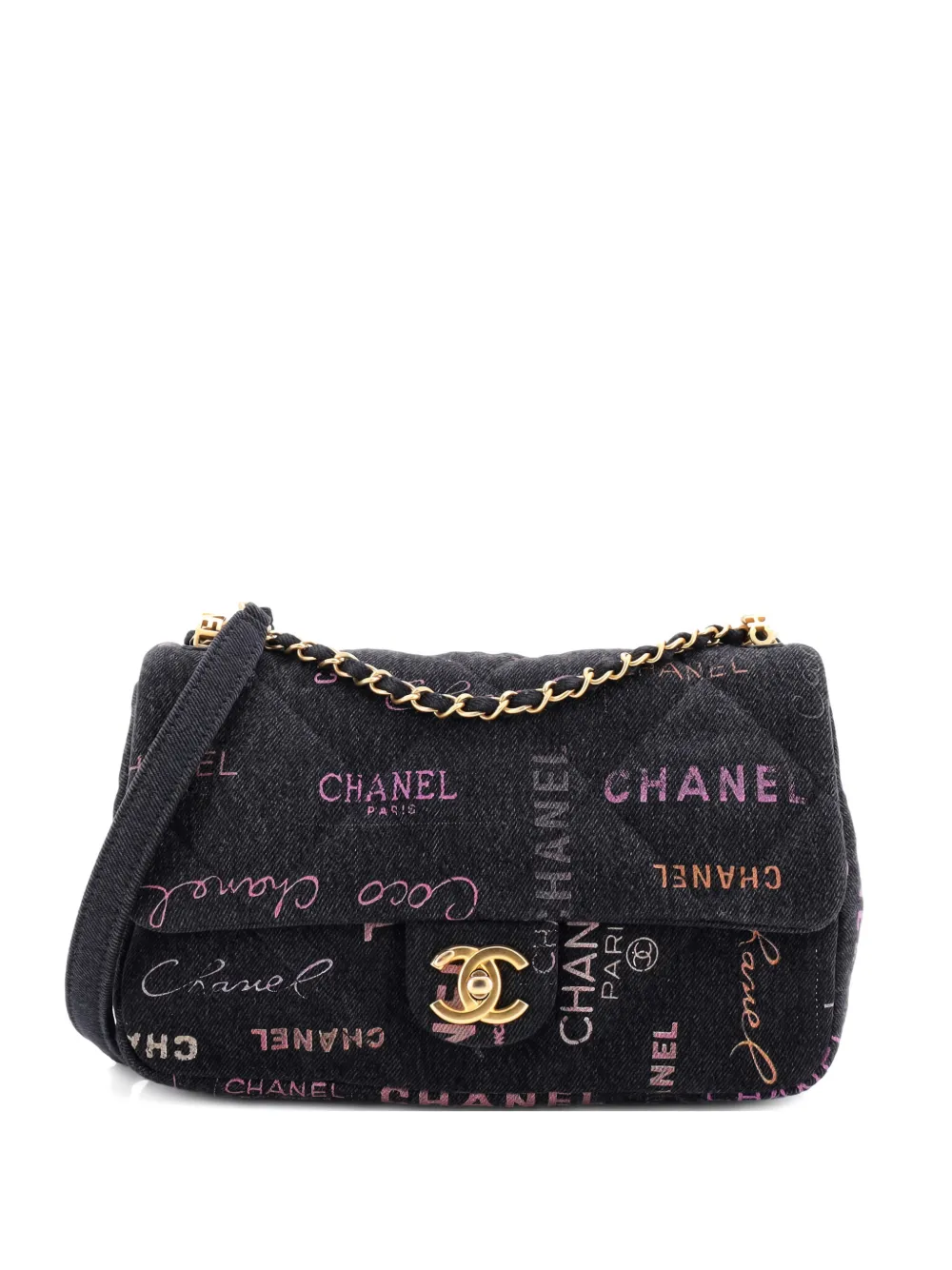 Pre-owned Chanel Denim Mood Flap Bag Logo Printed Quilted Denim Large Crossbody Bag In Black