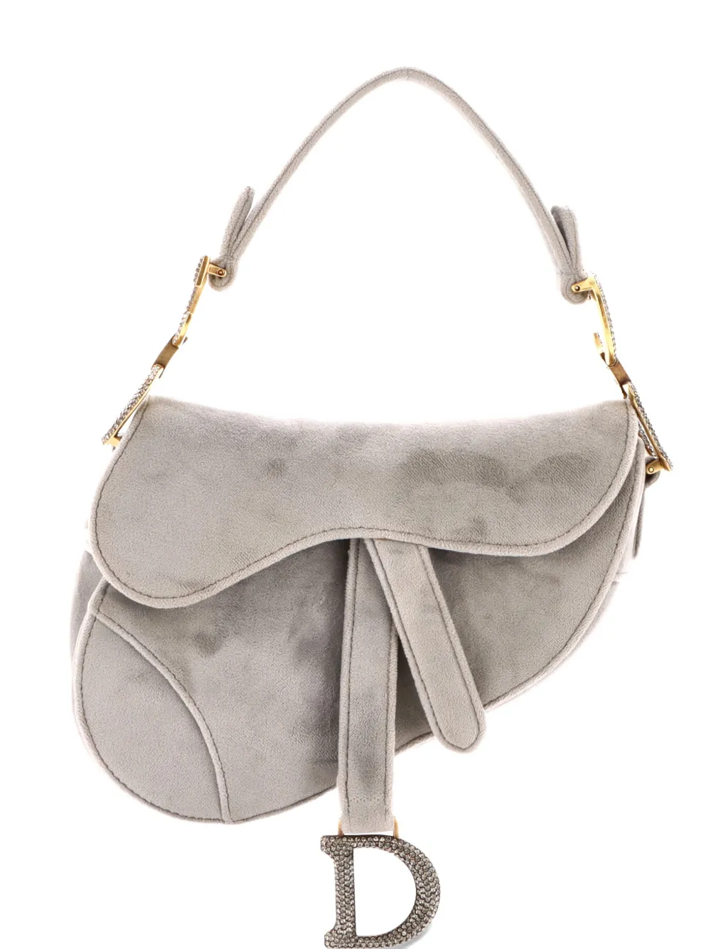 Pre-owned Dior Saddle Handbag Velvet With Crystals Mini Shoulder Bag In Gray