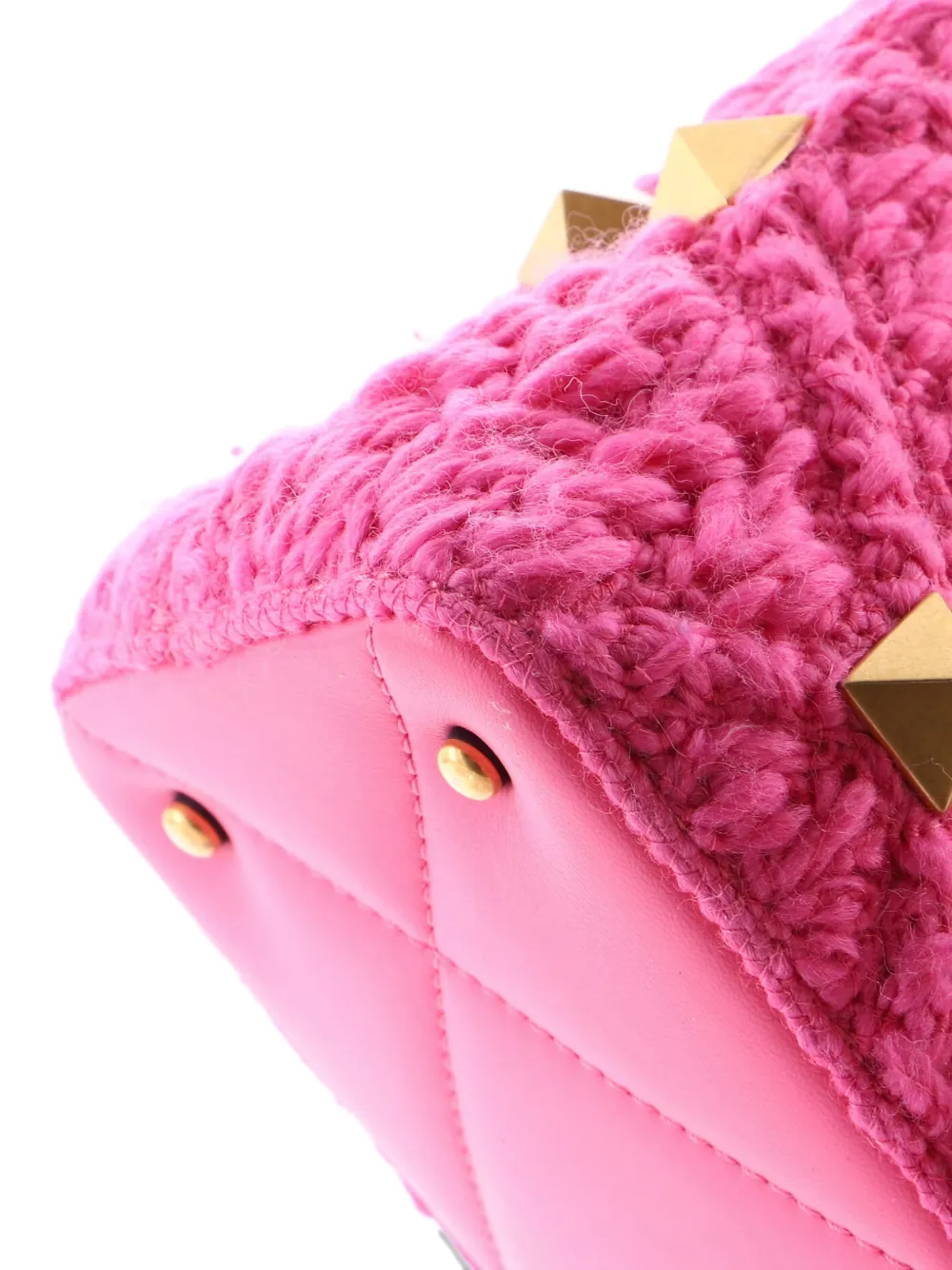 VALENTINO GARAVANI Pre-owned Roman Stud Top Handle Bag Woven Wool With Leather Small Satchel In Pink