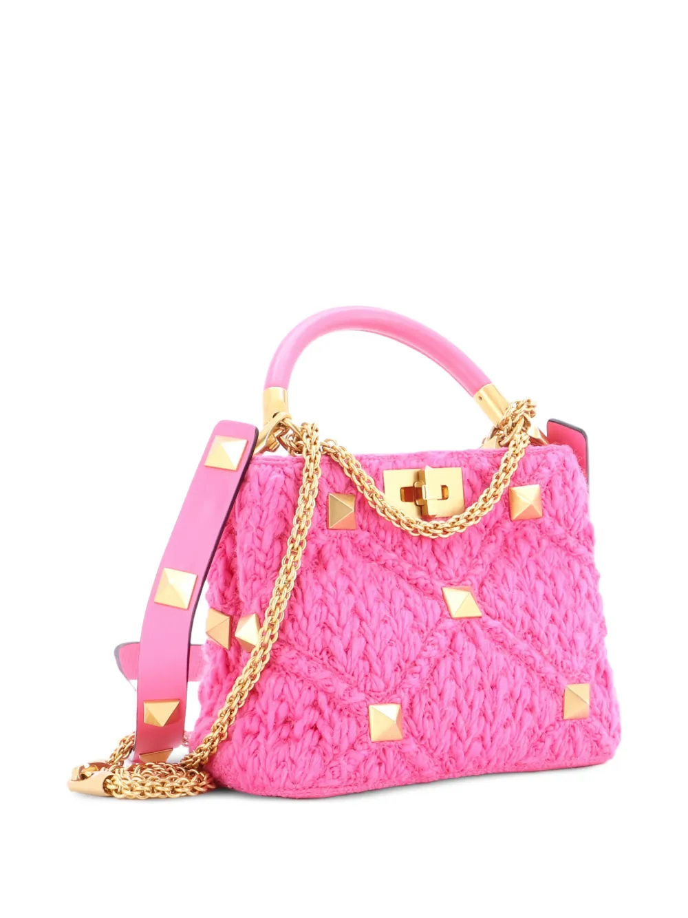 Valentino Garavani Pre-Owned Roman Stud Top Handle Bag Woven Wool with Leather Small satchel - Rosa
