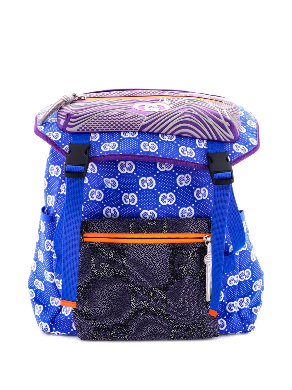 Gucci Pre-Owned Panelled Double Buckle GG Jacquard Nylon and Rubber Large backpack - Blu