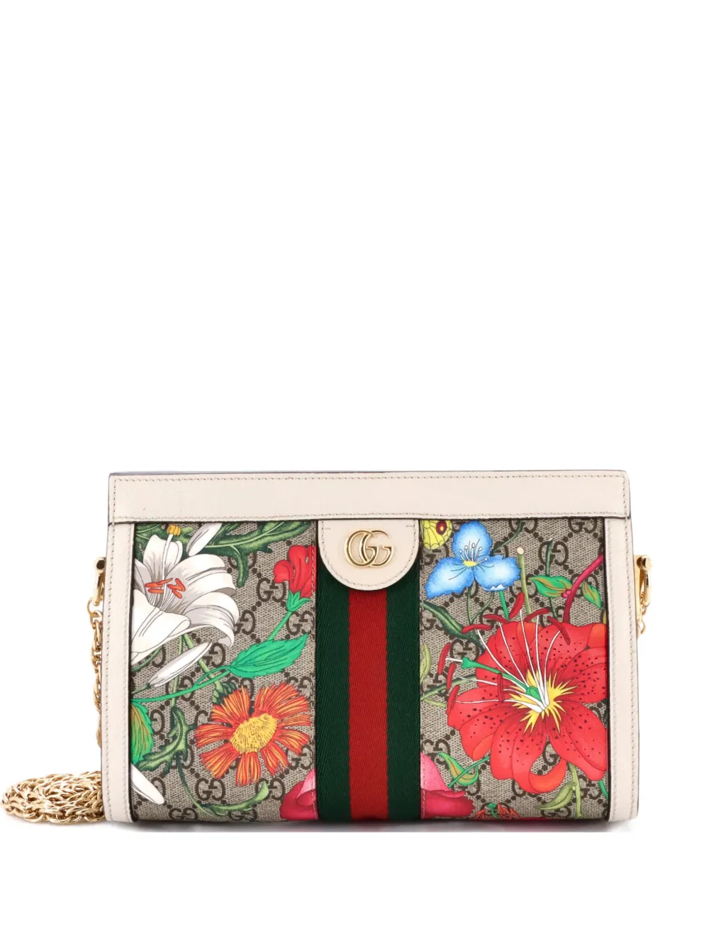 GUCCI Pre-owned Ophidia Chain Shoulder Bag Flora Gg Coated Canvas Small Crossbody Bag In Brown
