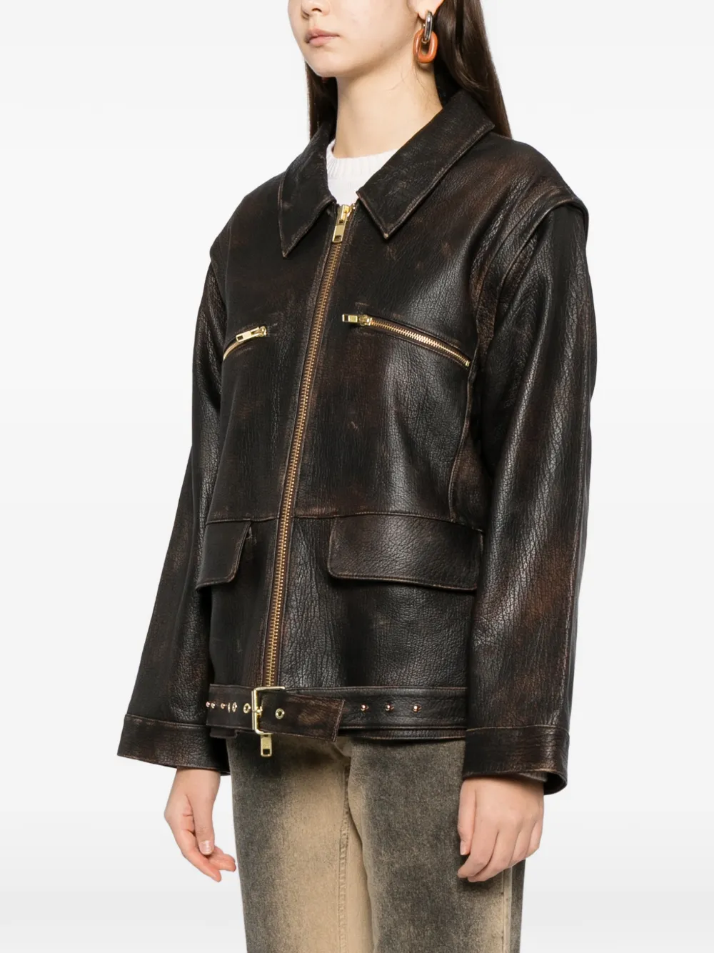  Cynthia Rowley Belted Leather Jacket - Brown 