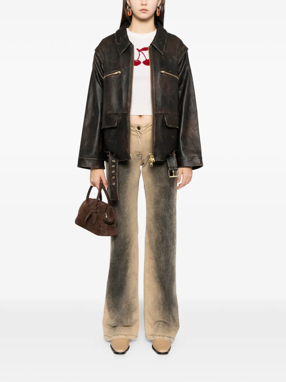  Cynthia Rowley Belted Leather Jacket - Brown 