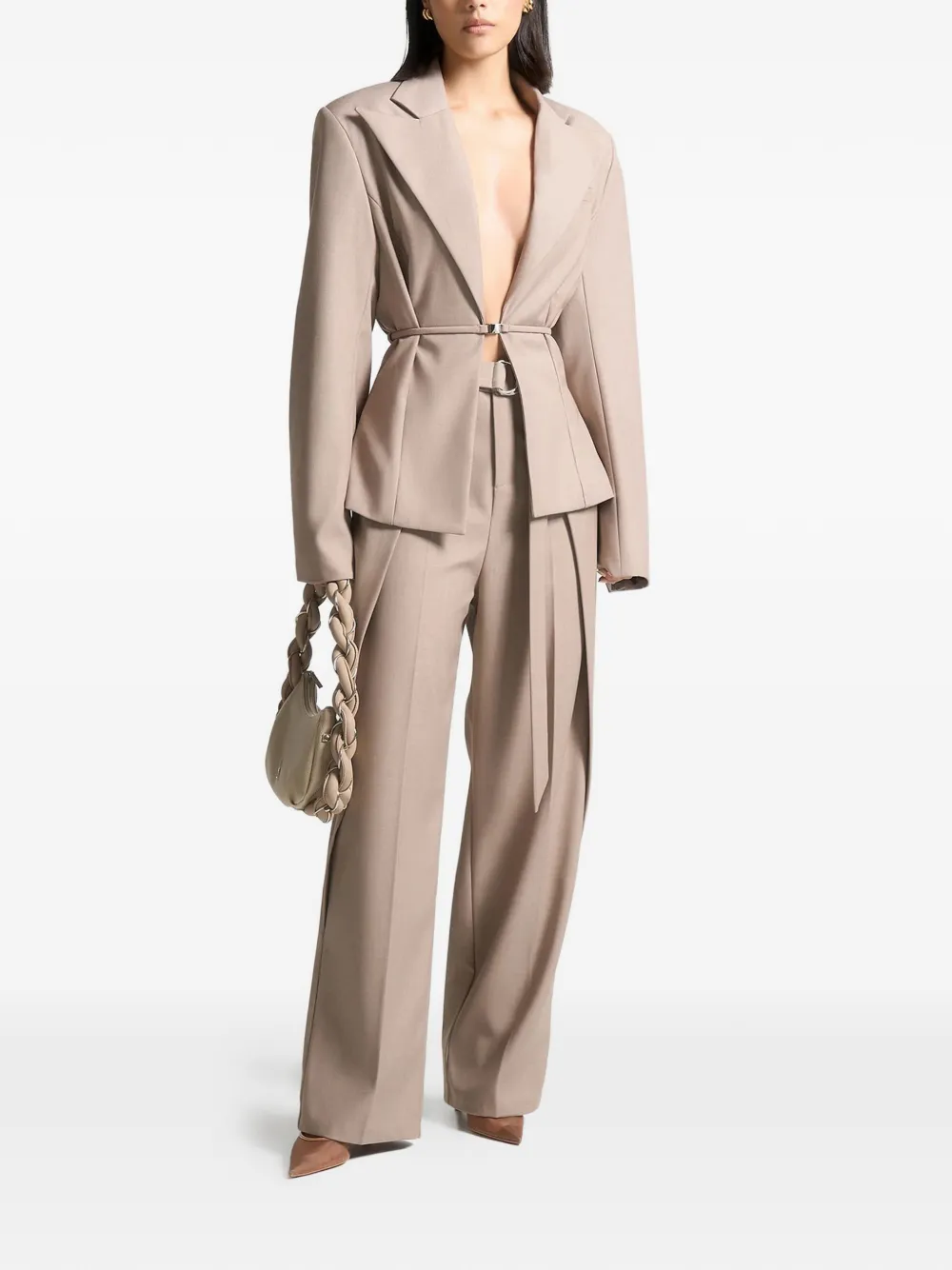 Manière De Voir Wide-shoulder Belted Blazer In Neutral