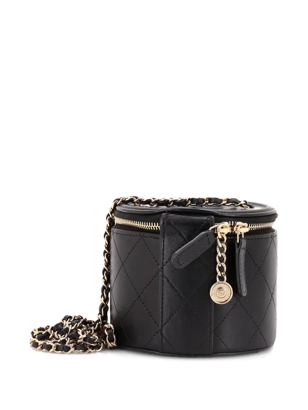 Pre-owned Chanel Cc Round Vanity Case With Chain Quilted Lambskin Mini Clutch Bag In Black