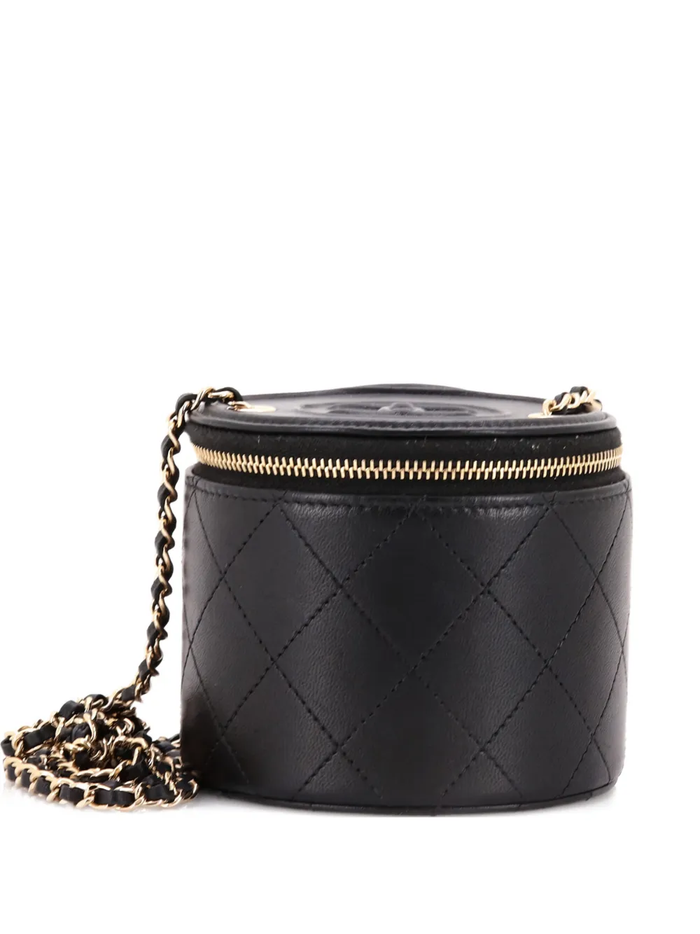 Pre-owned Chanel Cc Round Vanity Case With Chain Quilted Lambskin Mini Clutch Bag In Black
