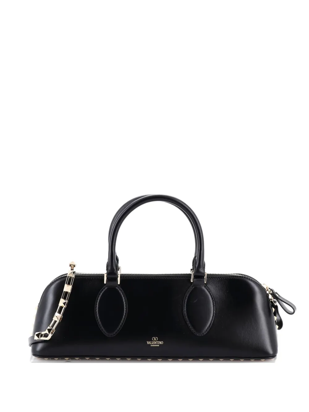 Click to view more detailed imagery on our partner's website Pre-owned Valentino Garavani Rockstud Zip Up Top Handle Bag Leather East West Shoulder Bag In Black
