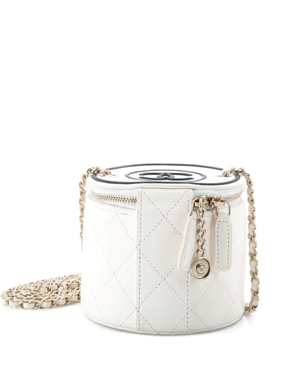 Pre-owned Chanel Cc Round Vanity Case With Chain Quilted Lambskin Mini Clutch Bag In White