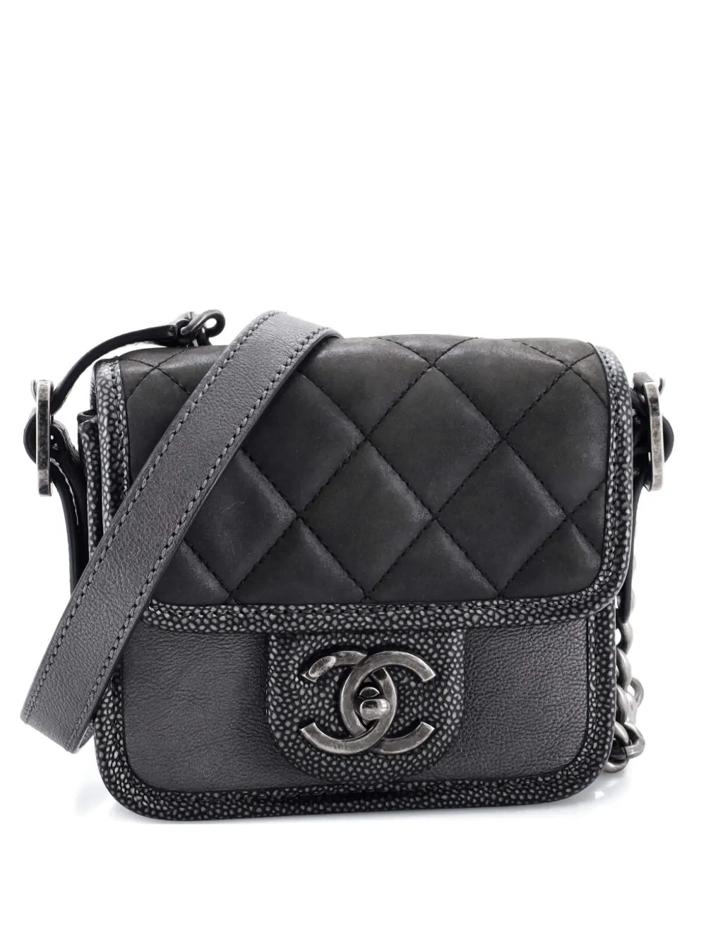 Pre-owned Chanel Paris-bombay Back To School Quilted Iridescent Calfskin Mini Crossbody Bag In Gray