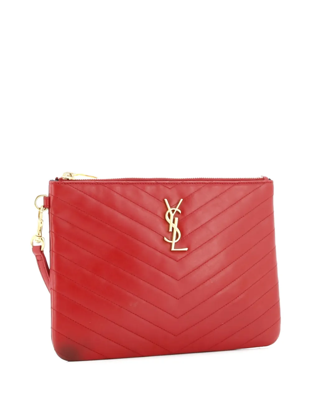 Pre-owned Saint Laurent Classic Monogram Wristlet Pouch Matelasse Chevron Leather Small Clutch Bag In Red