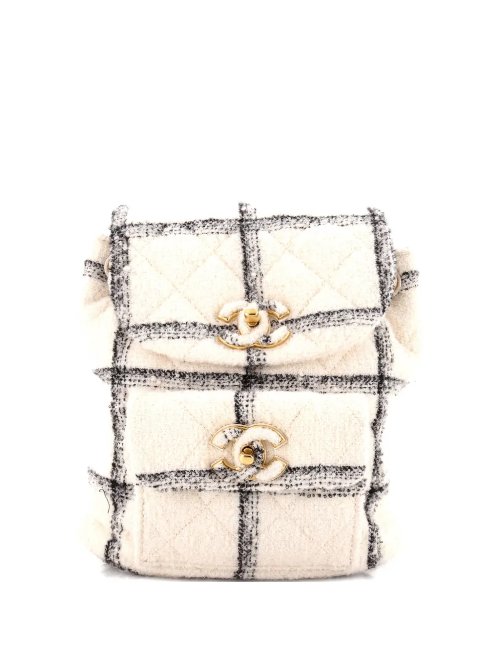 Pre-owned Chanel Duma Drawstring Quilted Wool Tweed Large Backpack In Black