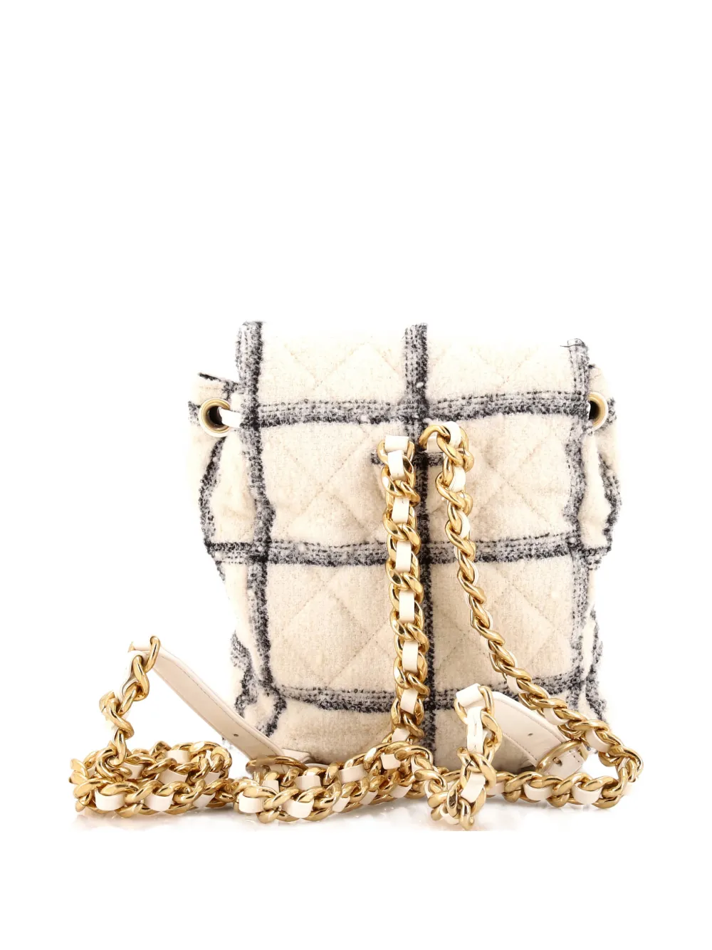 Pre-owned Chanel Duma Drawstring Quilted Wool Tweed Large Backpack In Black