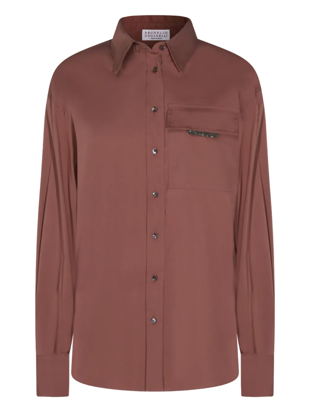 Brunello Cucinelli Long Sleeve Collared Top With Chest Pocket In Brown
