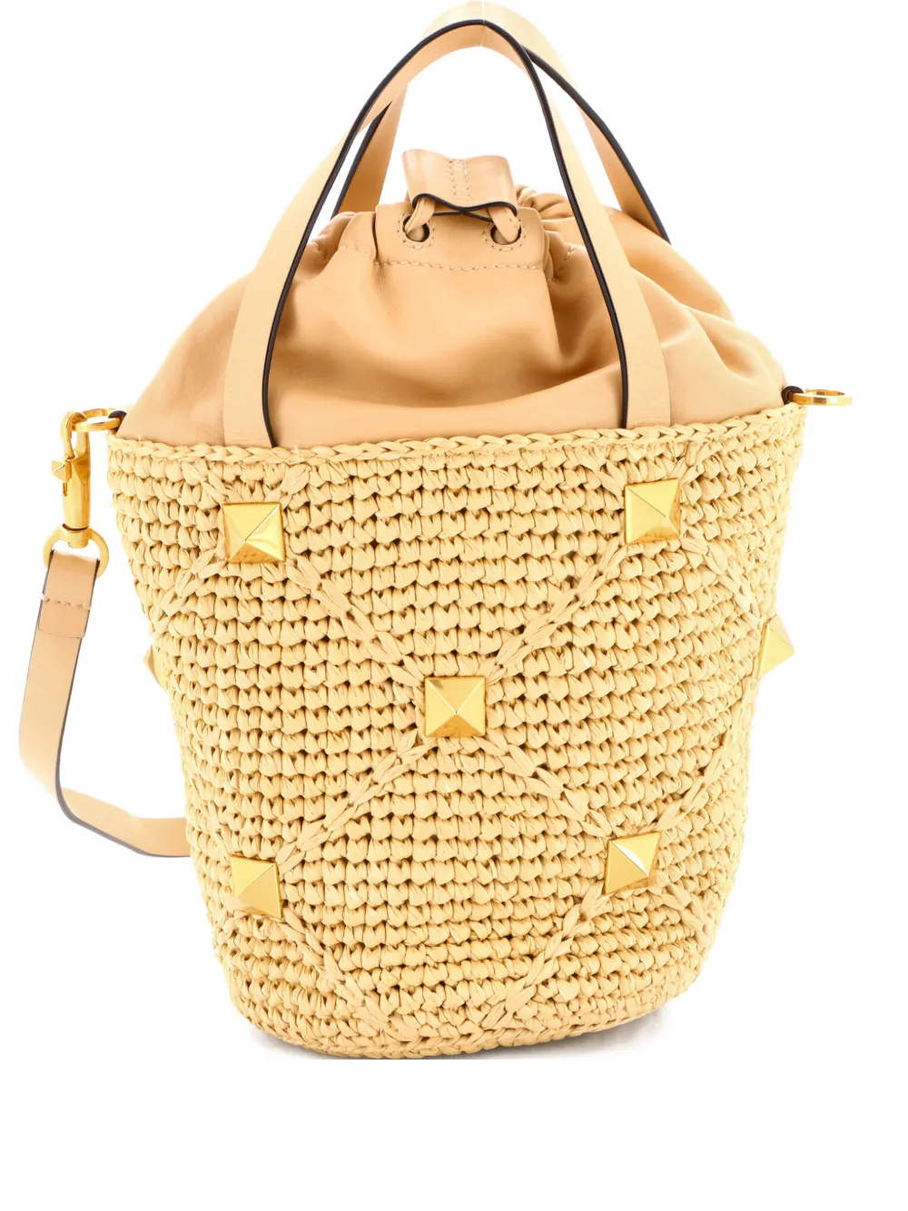 Pre-owned Valentino Garavani Roman Stud Raffia And Leather Bucket Bag In Neutral