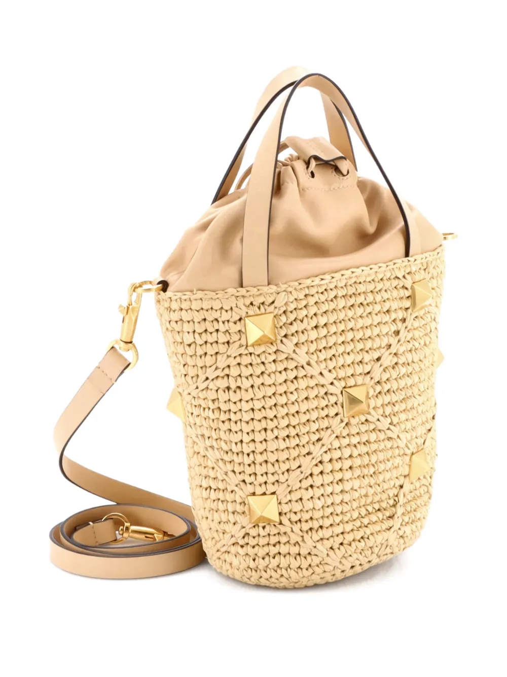 Pre-owned Valentino Garavani Roman Stud Raffia And Leather Bucket Bag In Neutral