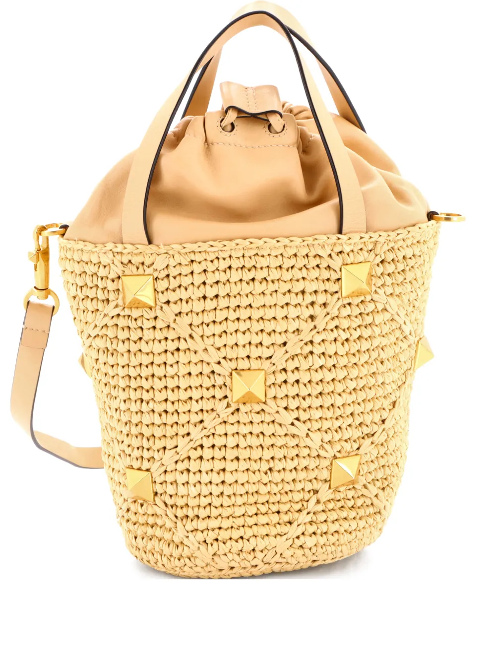 Valentino Garavani Pre-Owned Roman Stud Raffia and Leather bucket bag - Toni neutri