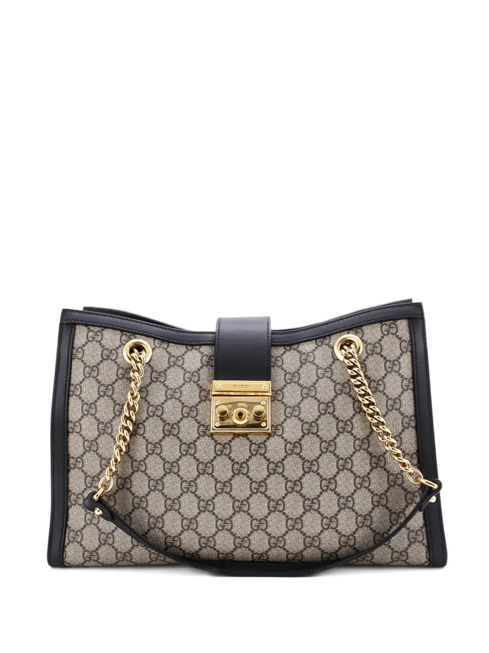 Pre-owned Gucci Padlock Chain Gg Coated Canvas With Leather Medium Tote Bag In Black